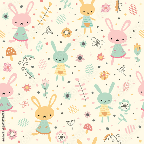 Vector seamless spring pattern with rabbits and plants. Easter background.  Cartoon bunnies
