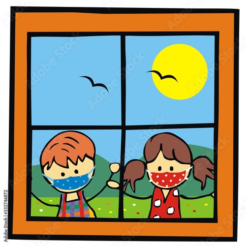 little children with respirators outside the window, vector illustration