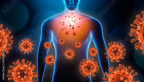 Viral pneumopathy 3d rendering illustration with red virus cells and human body. Coronavirus, covid 19, infectious and inflammatory respiratory disease as pneumonia or bronchitis concepts. photo
