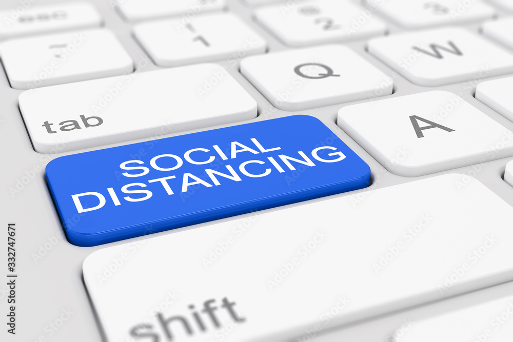 3d render of a keyboard with a blue key - social distancing 3d render of a keyboard with a blue key - social distancing