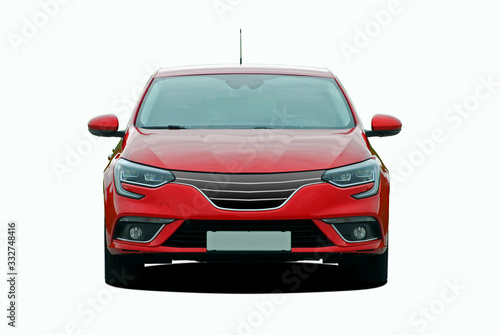 Fényképezés red passenger car on a white background front view