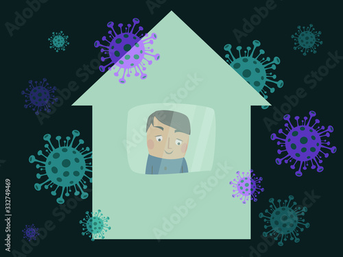 I stay at home awareness social media campaign and coronavirus prevention.Protection from 2019-nCoV, COVID-19, SARS-CoV-2, coronavirus, virus, flu, disease, air pollution. Vector illustration