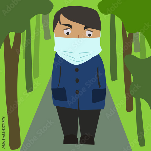 Man wearing protection medical face mask and walking in public park street. Protection from 2019-nCoV, COVID-19, SARS-CoV-2, coronavirus, virus, flu, disease, air pollution. Vector illustration
