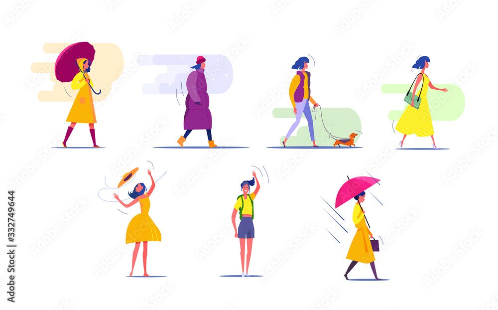 Woman in different seasons set. Woman walking, standing, wearing different clothes. People concept. illustration for topics like activity, leisure, actions