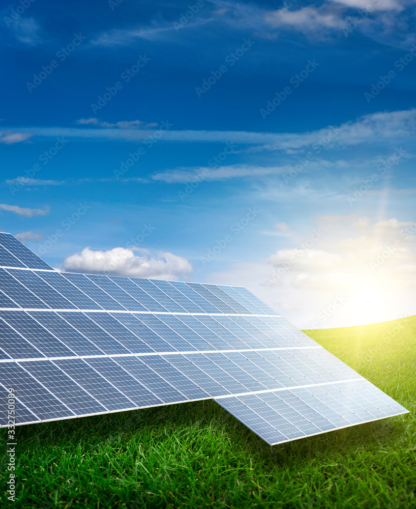Solar electric panels in the green field.