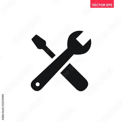 Black screwdriver & wrench crossed icon, tools needed, simple professional equipment flat design infographic pictogram vector, app logo web button ui ux interface elements isolated on white background