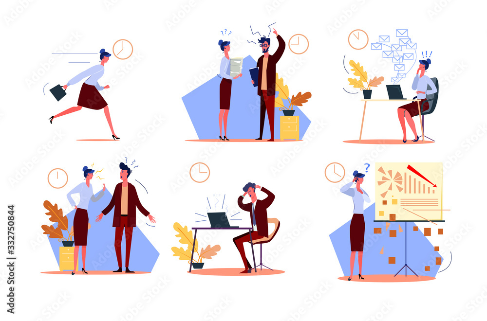 Time management failure set. Businesswoman late for work, arguing with colleague, bad in emails and graphs. People concept. illustration for topics like loser, failure, messing business