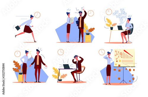 Time management failure set. Businesswoman late for work, arguing with colleague, bad in emails and graphs. People concept. illustration for topics like loser, failure, messing business