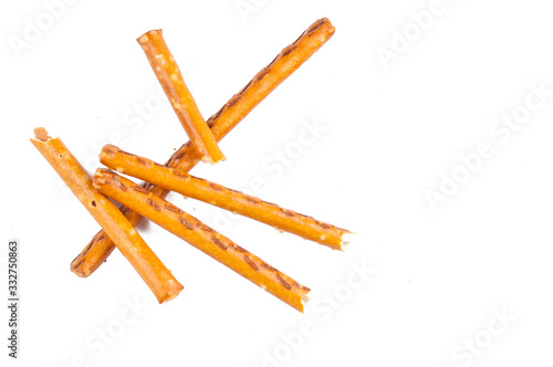 Salty cracker pretzel sticks isolated on white background.Copy space
