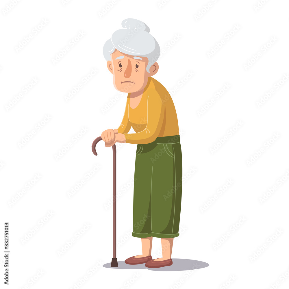 Old woman is standing with a stick. Vector illustration.