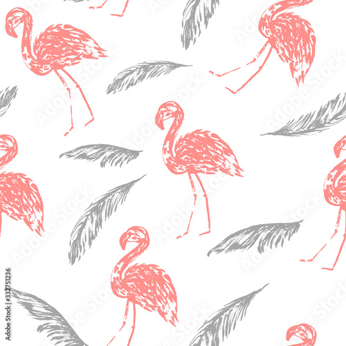 Summer flamingo and palm leaves seamless pattern