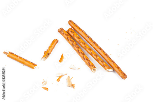 Salty cracker pretzel sticks isolated on white background.Copy space