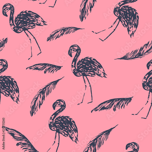 Hand drawn vector seamless pattern with flamingo birds and palm leaves