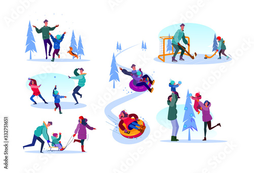 Family enjoying winter activities set. Parents and child walking outdoors, playing ice hockey, snowballs. Flat illustrations. Parenthood concept for banner, website design or landing web page