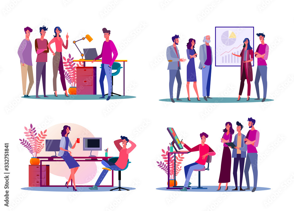 Corporate meeting illustration set. Colleagues discussing project, presenting chart, chatting. Communication concept. illustration for topics like business, collaboration, partnership