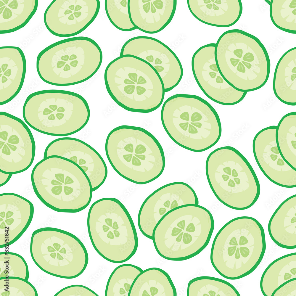 Seamless pattern with green cucumber vegetable slices on white. Vector illustrations in cartoon realistic style Seamless pattern with green cucumber vegetable slices on white. Vector illustrations in cartoon realistic style