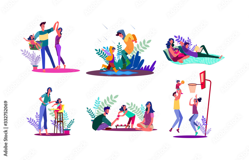 Family spending time together set. Parents and children walking outdoors, playing games, relaxing. Flat illustrations. Parenthood concept for banner, website design or landing web page