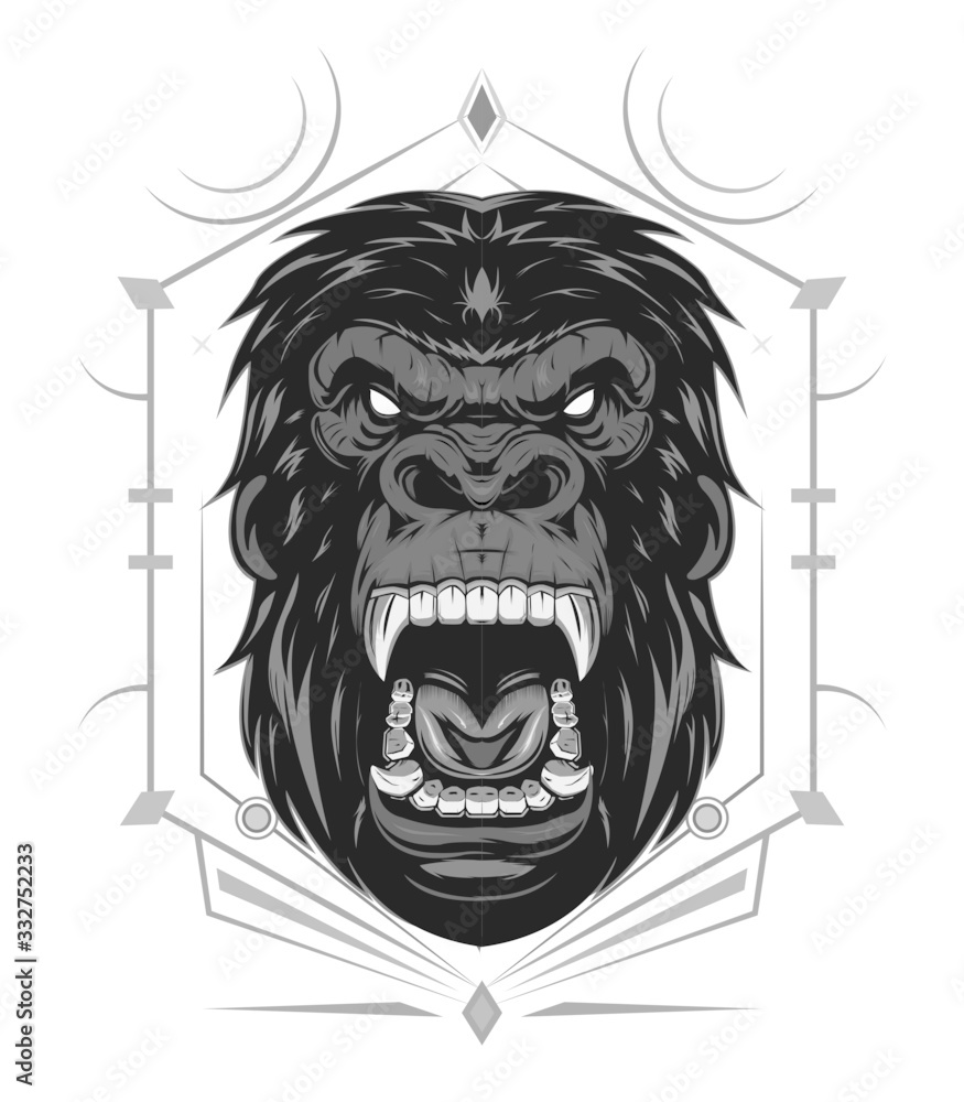 head evil ferocious gorilla shouts, mascot. KING KONG ILLUSTRATION