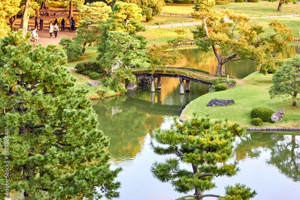 Wooden bridge in japanese style garden