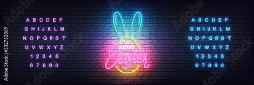 Easter neon template. Glowing label for Easter and alphabet