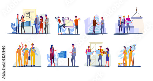 Real estate development set. Architects working on building design, foreman and engineer shaking hand. Flat illustrations. Construction concept for banner, website design or landing web page