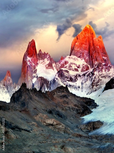 Patagonia mountains sunrise, Mt.Fitz Roy in Los Glaciares National Park Argentina, digital artwork