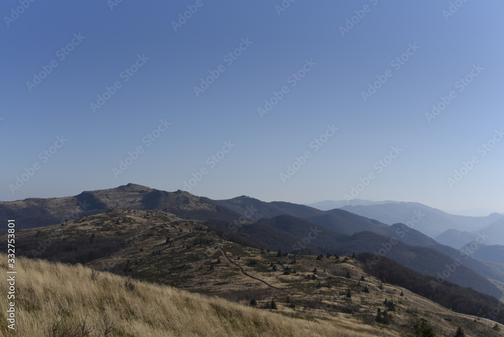 Bieszczady Mountain park with top view in high sun Bieszczady Mountain park with top view in high sun