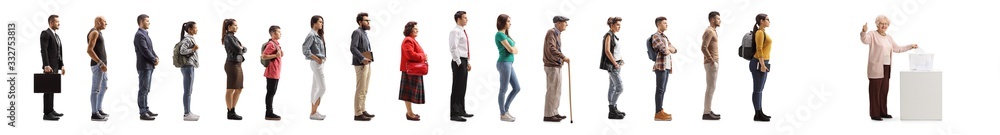 Elderly woman voting and people waiting behind to vote at election Elderly woman voting and people waiting behind to vote at election