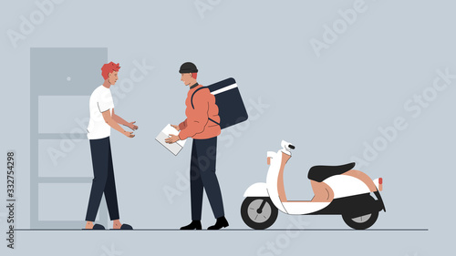 Vector illustration of a delivery guy with a big bagpack driven by scooter handing over a package to the men next to the apartments door. Also can be used as a poster or slide for presentation