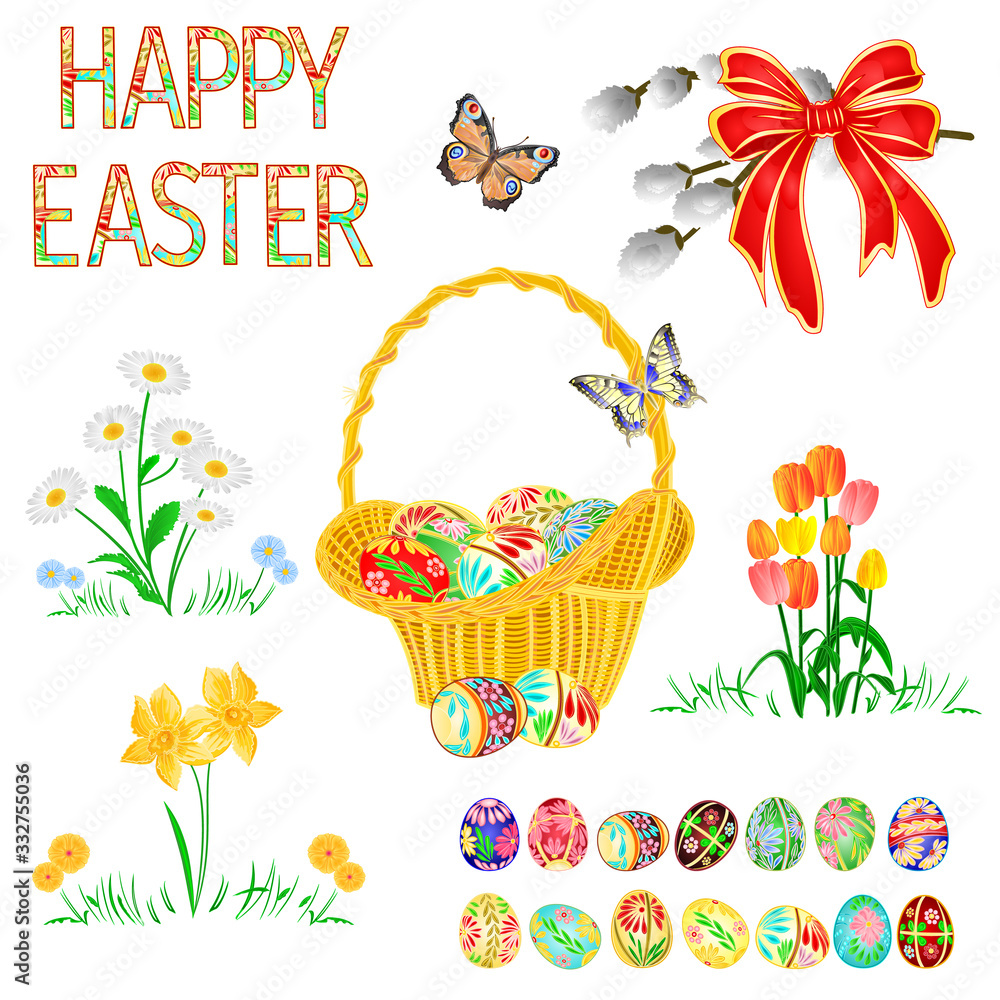 Happy Easter decoration easter wicker  easter eggs and daffodil  tulips daisy on green grass pussy willov and bow. Seasonal Holidays in April set watercolor vintage  vector illustration 