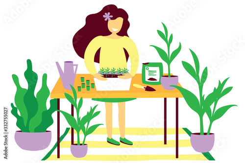 Girl with plants. Happy girl plants seedlings. Around her are potted flowers. On the table is a pot with seedlings, watering, earth, a shovel. Home garden. Gardening concept. Bright flat vector illust