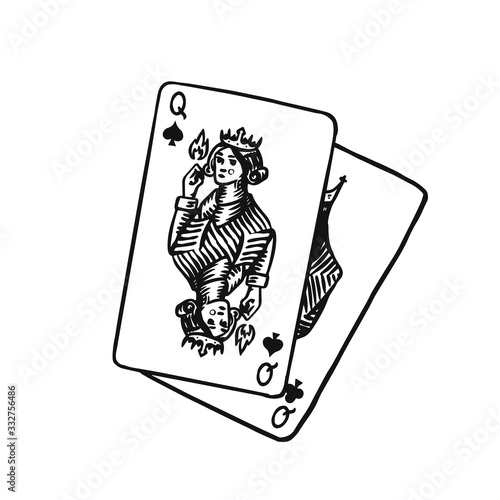  Playing cards in vintage doodle style. Spades Queen. Hand drawn engraved doodle sketch. Vector illustration for tattoo or t-shirt.