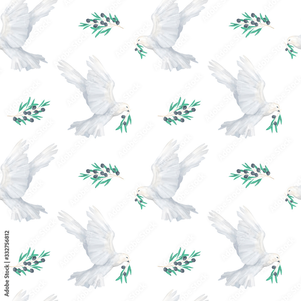 Hand drawn dove peace with olive branch and leaves seamless pattern Watercolor illustration on white background Hand drawn dove peace with olive branch and leaves seamless pattern Watercolor illustration on white background