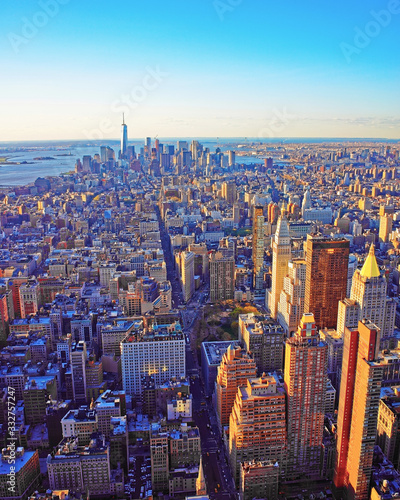Aerial view on Skyline in Downtown Manhattan and Lower Manhattan reflex