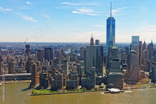 Photography Helicopter view of Lower Manhattan in New York from Hudson