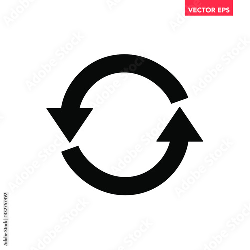 Black round workflow refresh 2 arrows icon, simple two turn shapes turn workflow silhouette interface infographic concept element for app ui ux logo web button isolated on white background