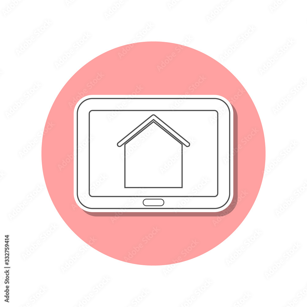 House on tablet screen sticker icon. Simple thin line, outline vector of web icons for ui and ux, website or mobile application House on tablet screen sticker icon. Simple thin line, outline vector of web icons for ui and ux, website or mobile application