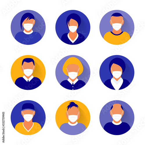 Flat modern minimal avatar icons with medical mask. Business concept, global communication. Web site user profile. Social media, network elements.