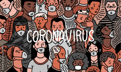 Coronavirus pandemic or COVID-19. Wuhan disease. Crowd of people in antiviral medical masks. Humans infect bacteria. Epidemic. Risk of illness spreading. Quarantine. Severe acute respiratory syndrome