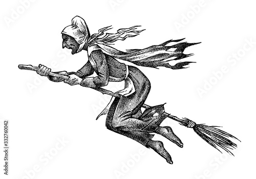 Witch flies on a broomstick. Ancient mythical fictional character. Engraved monochrome sketch. Hand drawn vintage veto illustration.