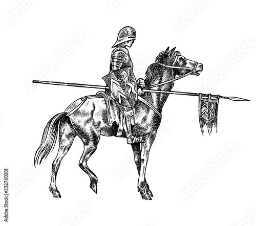 Medieval armed knight riding a horse. Historical ancient military character. Prince with a spear and a flag. Ancient fighter. Vintage vector sketch. Engraved hand drawn illustration.