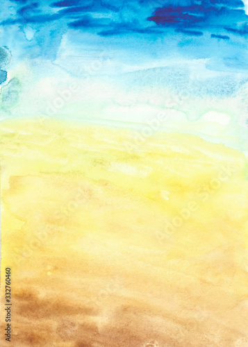 Watercolor hand painted nature summer background warm gradient texture with yellow sand, blue water sea and white foam landscape for design texture