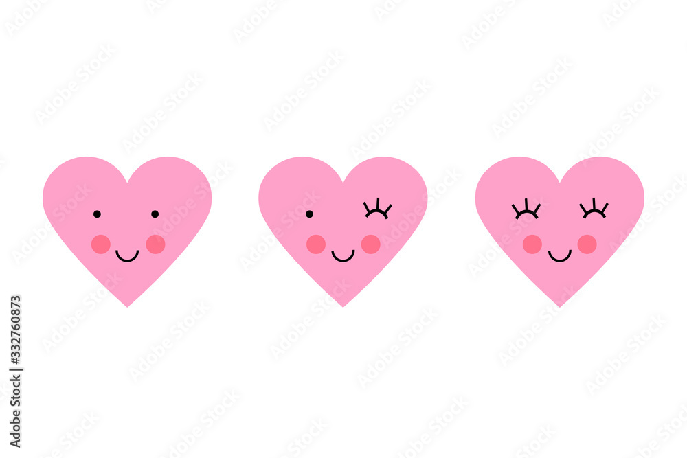 Vector illustration of emoticons pink icon set in flat style. Love heart smiley set Valentines Day. Vector illustration of emoticons pink icon set in flat style. Love heart smiley set Valentines Day.
