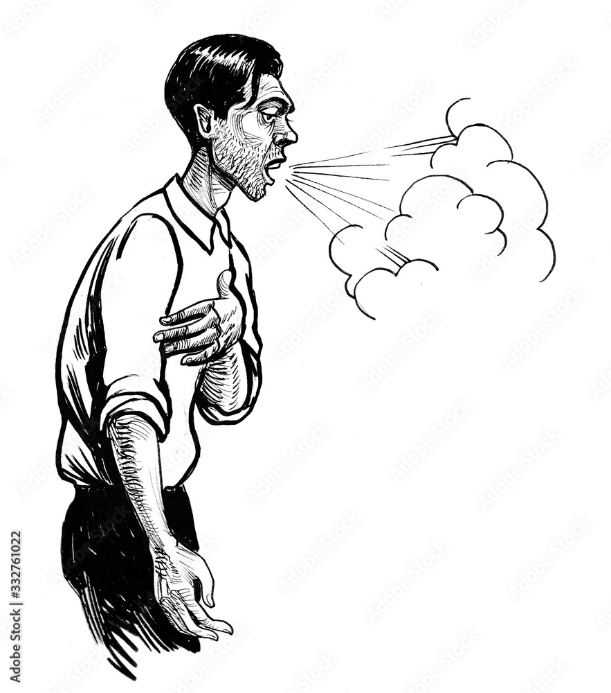 Sick man coughing. Ink black and white drawing Sick man coughing. Ink black and white drawing