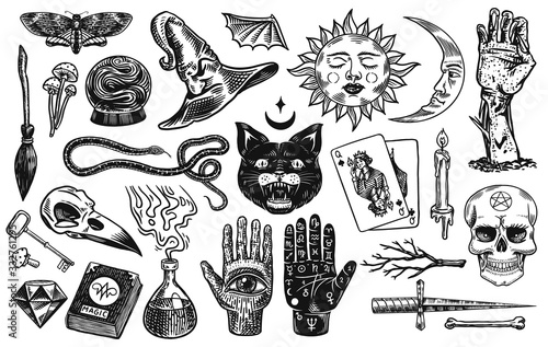 Mystical magic boho elements. Witchcraft astrological set. Esoteric alchemy occult sketch for tattoo. Palmistry and skull, the hand of a dead man. Drawn Engraved Game Cards and Black Cat.