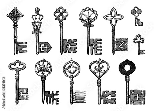Victorian keys. Medieval Gothic locks set. The device for opening the door. Antique elements to blocking. System of security. Vintage vector sketch. Engraved hand drawn illustration.