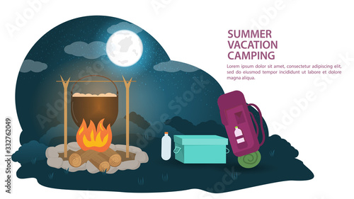 Banner, for the design of a summer camp, food is being prepared on a fire in a clearing in the forest, next to a backpack and a box with supplies, against the background of the night moon sky, vector 