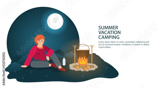 Banner for the design of a summer camping in nature a guy sits at night near a fire where food is being prepared flat vector illustration