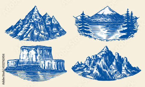 Set of mountains peaks, vintage rock, old highlands range. Hand drawn vector outdoor sketch in engraved style. Alps and Chamonix-Mont-Blanc for hiking card, climbing banner, tattoo or label.