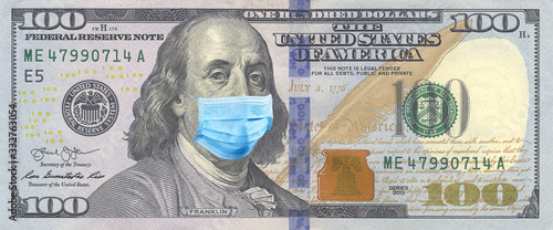 100 bills with Benjamin Franklin in a medical mask. Coronavirus in United States. One Hundred Dollar Bill With Medical Face Mask. Crisis, quarantine, recession and finance concept.